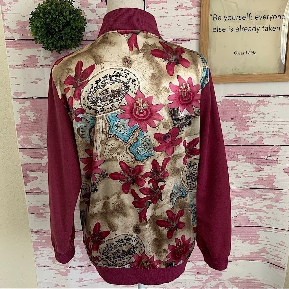MAGGIE SWEET Burgundy Floral Zip Track Jacket S